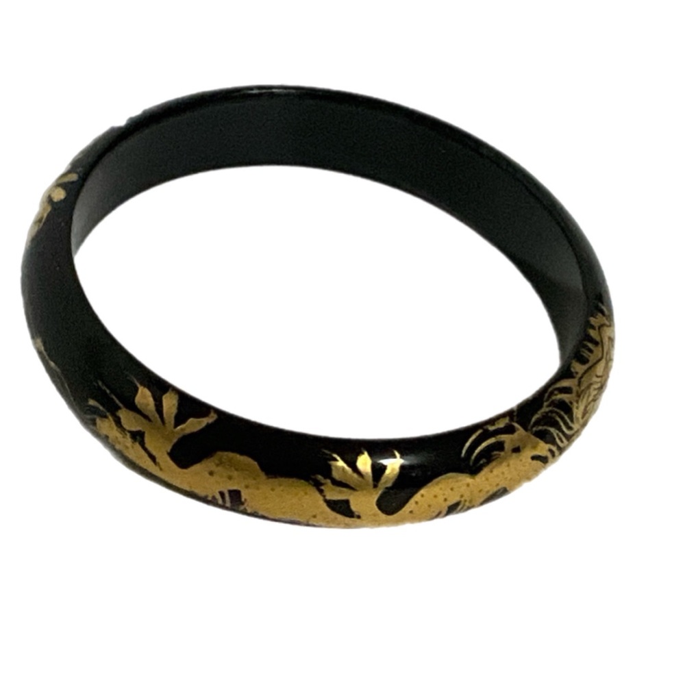 Black Lacquer Bangle Bracelet with Gold Dragon Design - Picture 2 of 8